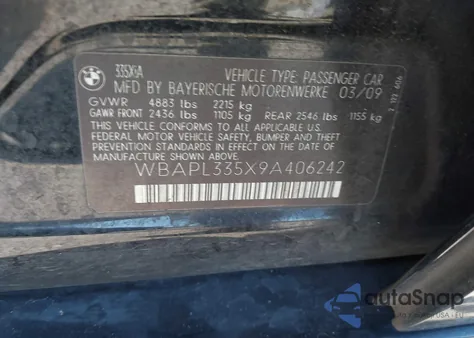 2009 BMW 335I xDrive from USA, damaged, VIN WBAPL335X9A406242